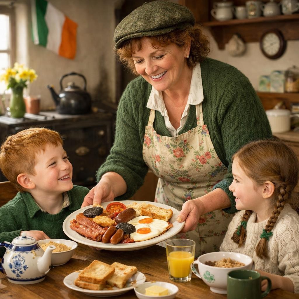 Current image: Woman serving traditional Irish breakfast to two children at a wooden table