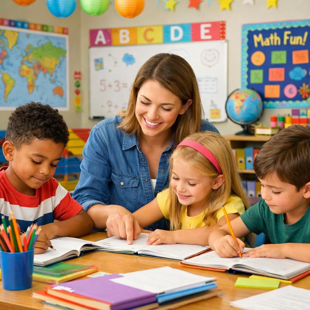 Teacher assisting three young children reading and writing at a classroom table