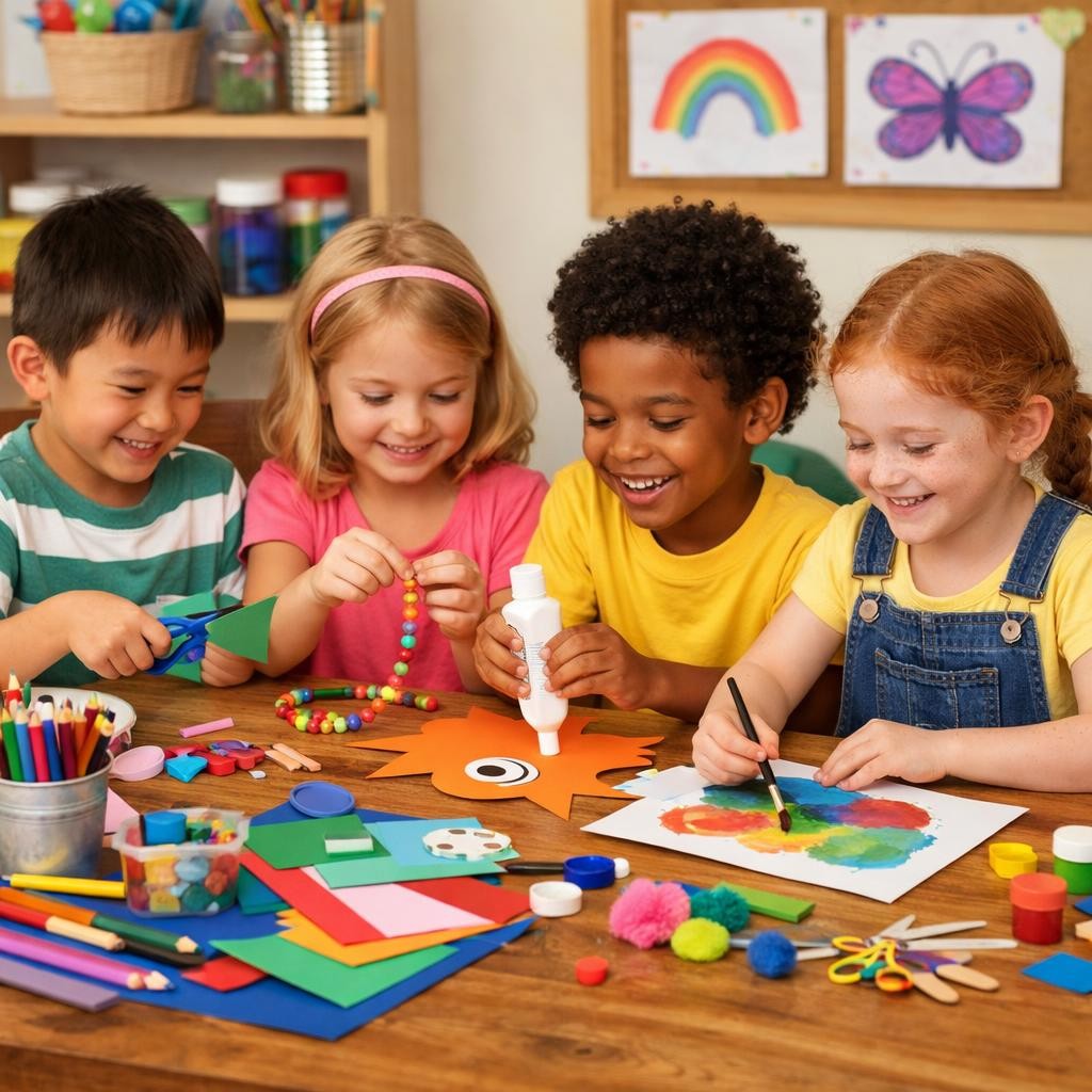 Four children doing arts and crafts with paper, paint, glue, and beads at a table