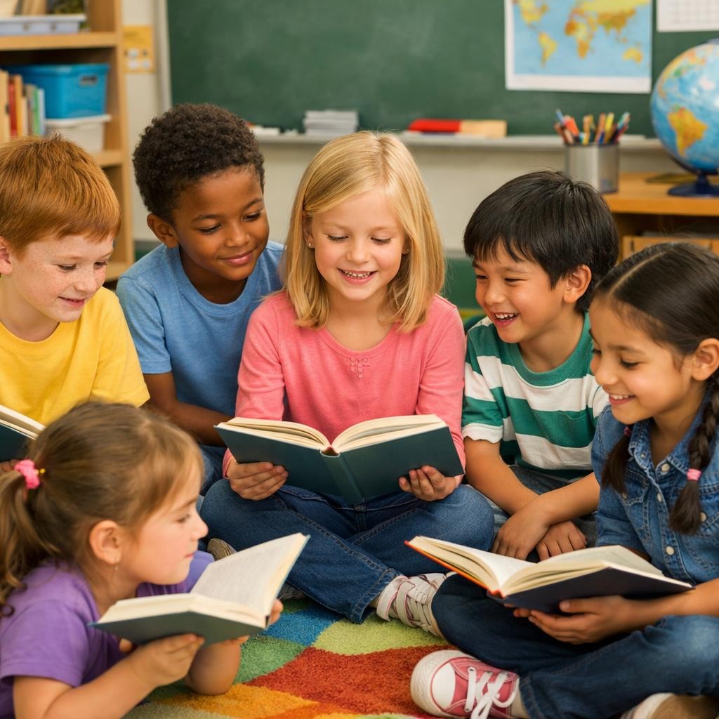 Group of six children sitting on classroom carpet reading books together