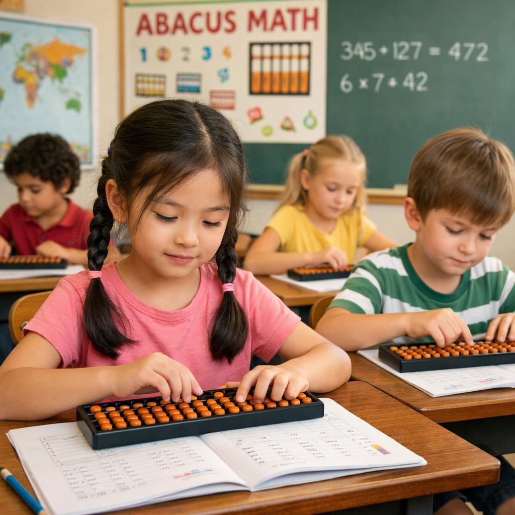 Four children using abacuses while working on math exercises at desks