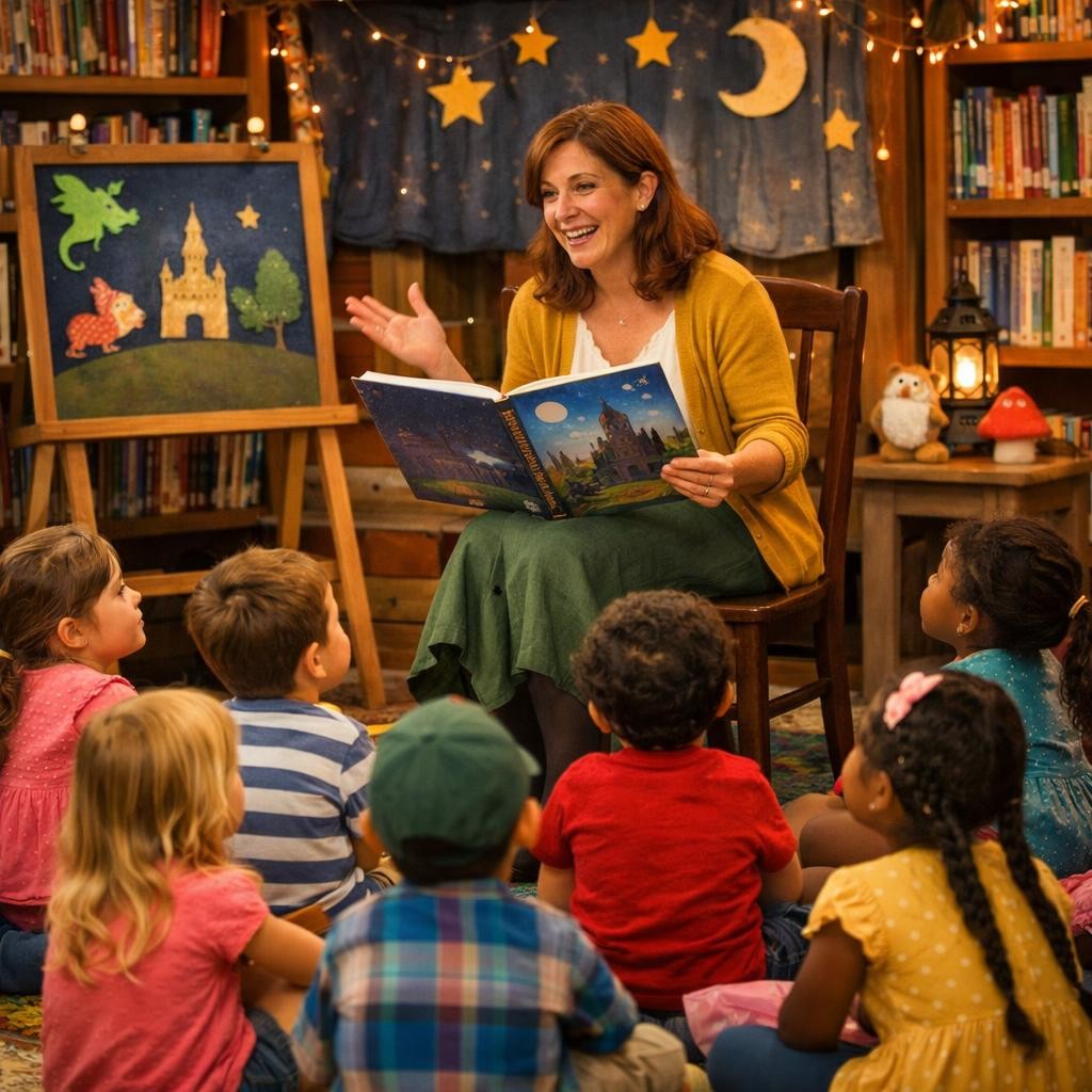 Woman reading a storybook to young children sitting on the floor in a library