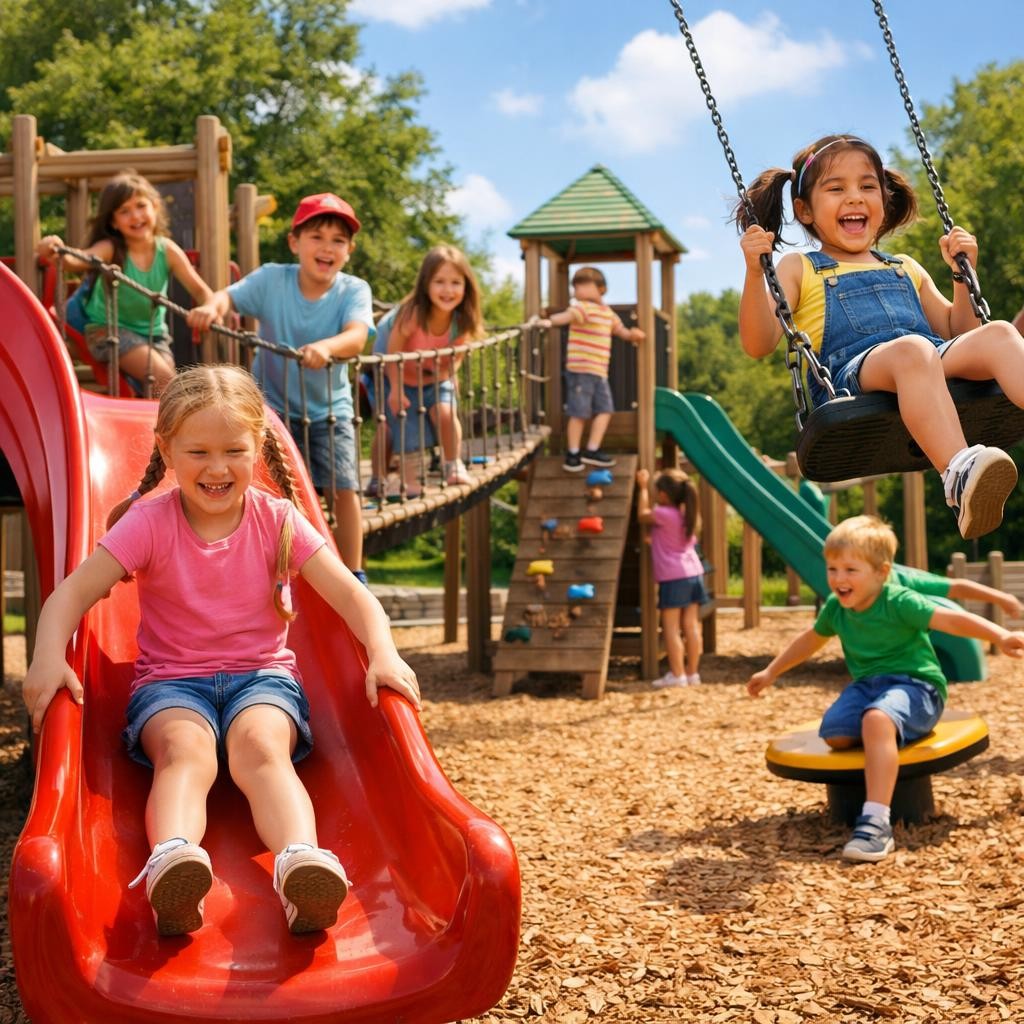 Children playing on playground equipment including slide, swing, and climbing bridge