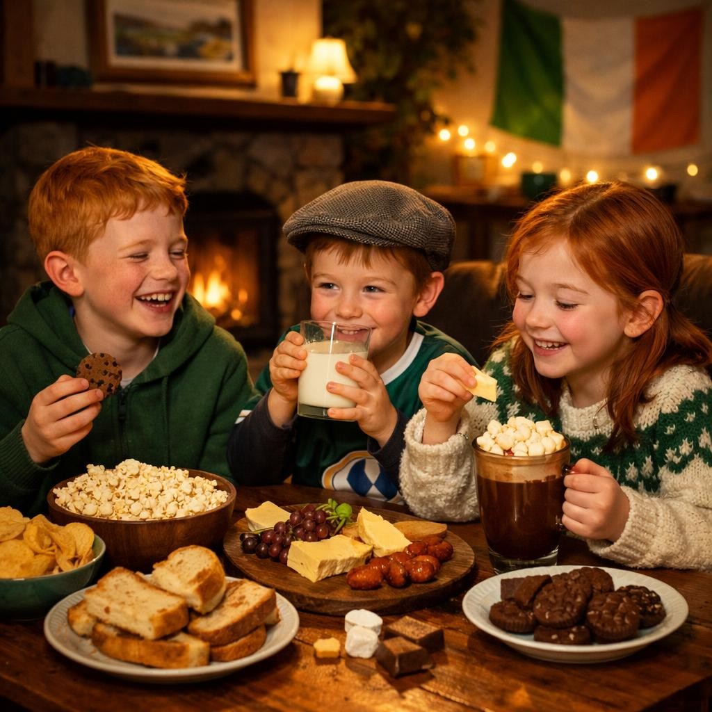 Three children eating snacks and drinking warm beverages indoors with an Irish flag in the background